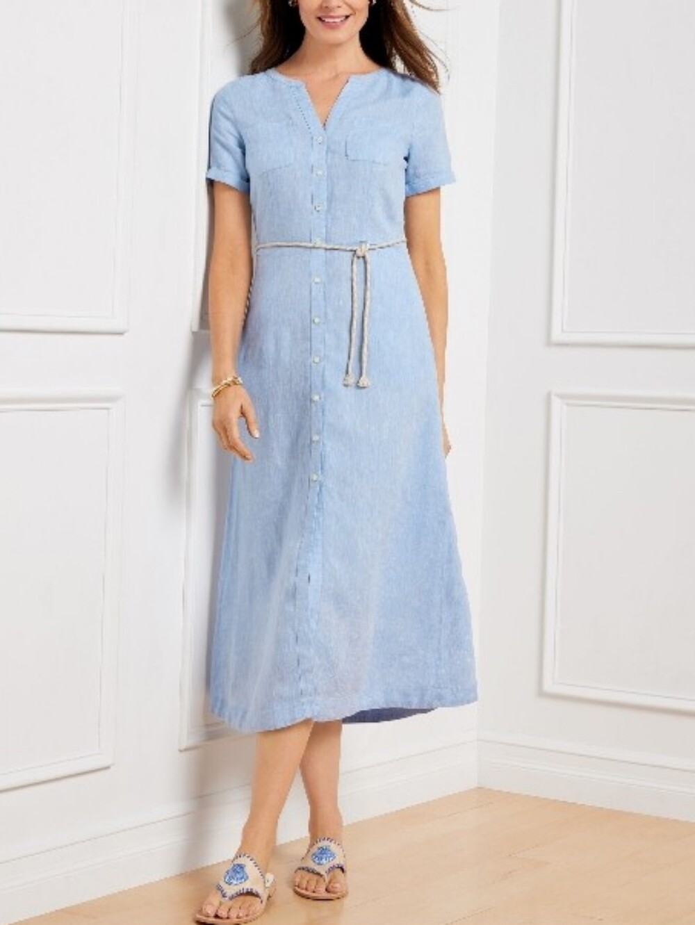 Talbots Linen Blue Button Down Shirtdress 8P